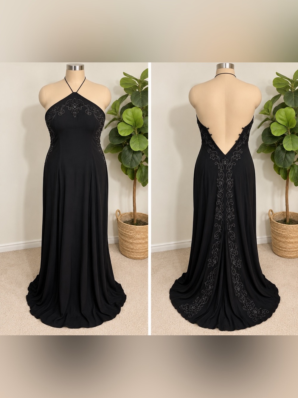 Betsy & Adam Black Beaded Halter Formal Gown Women’s NWT Evening Maxi Dress